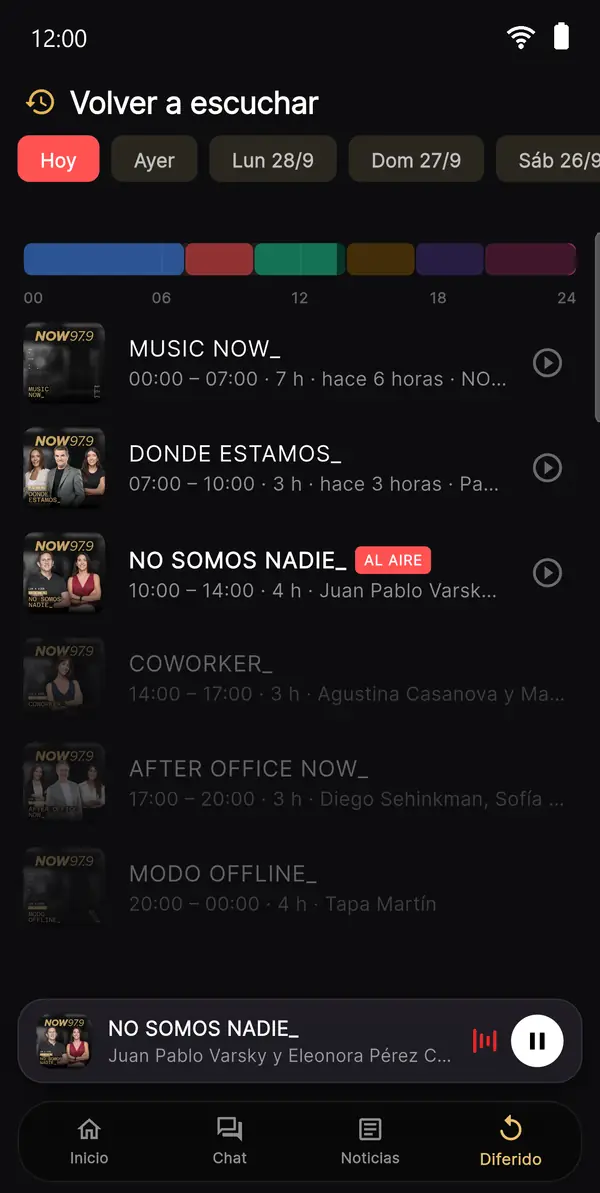 Pantalla Volver a escuchar con diferido por programa de la app de Now 97.9