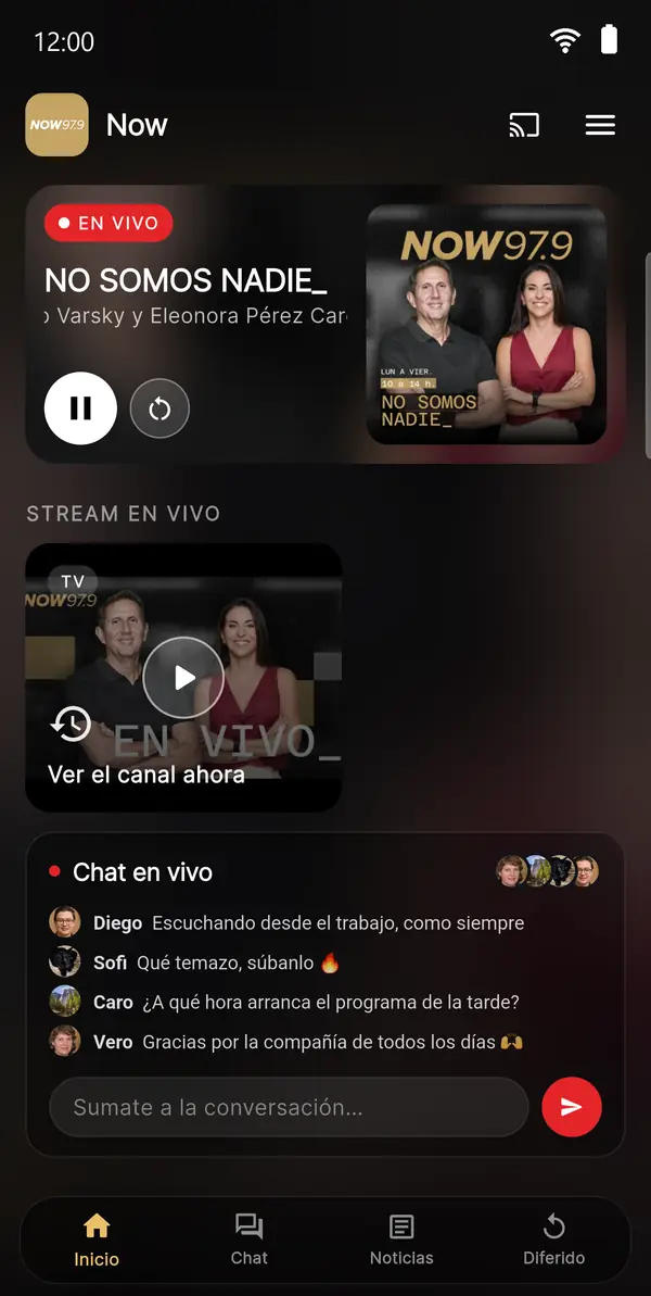 Pantalla de inicio de la app de Now 97.9