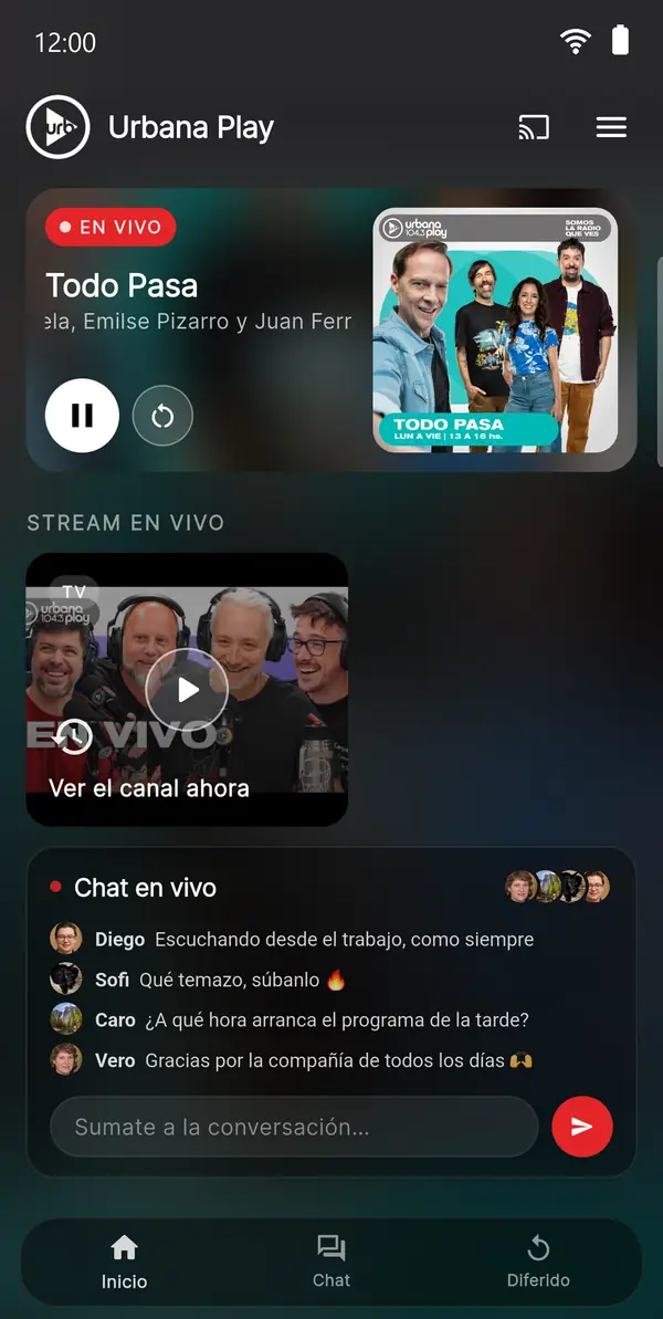 Pantalla de inicio de la app de Urbana Play con radio en vivo, TV y chat
