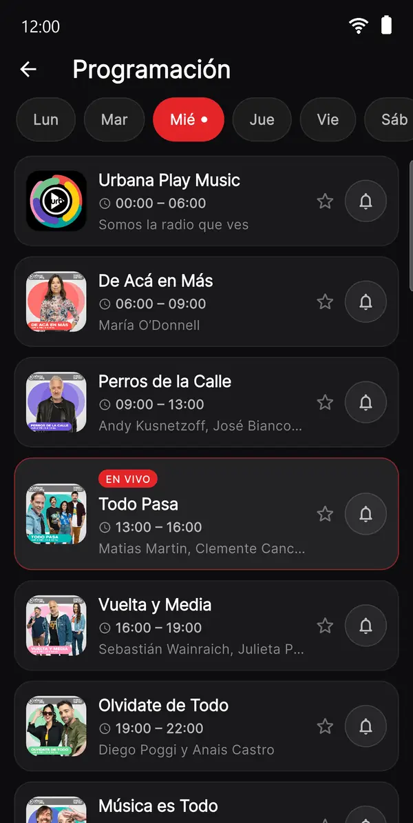 Programación semanal de la app de Urbana Play